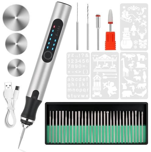 Electric Engraving Pen with 37 Bits for Wood Glass Stone Carving (Silver)