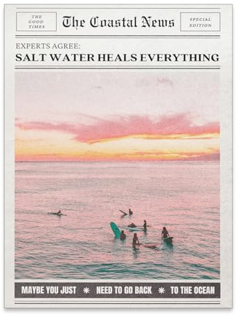 Pink Beach Newspaper Posters Vintage Fashion Coastal Girl Surf Wall Art Grainy Salt Water Heals Everything Canvas Prints for College Dorm Bedroom Wall Decor 12X16 inch Unframed