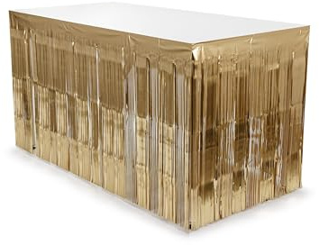PartyDeco Lametta Tischrock 300x80cm - glänzende Tischumrandung mit Fransen - goldene Tischverkleidung - Festliche Tischdeko & Party Glitzer Deko - Gold