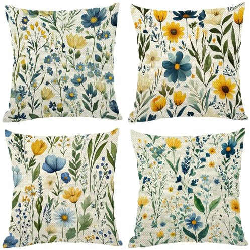 Fodere Cuscini da Esterno Impermeabili, Fiore Federe Cuscini Divano 70x70 Quadrate Set di 4, Doppia Faccia Stampa Lino Cushion Covers Beige Cerniera Invisibile per Aesthetic Room Decor, Regalo Z-898