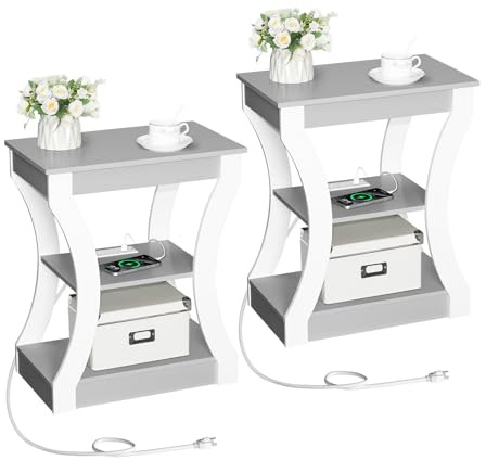 MAHANCRIS End Table Set of 2 with Charging Station, Side Table with USB Ports and Outlets, Nightstand, 3 Tier Bedside Table with Storage Shelf for Living Room, Bedroom, Small Space, Grey ETSW53E01S2
