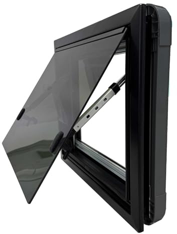 Fenêtre battante SWISS OUTDOOR 900x500 en verre véritable, certifié ECE R43, double vitrage, store et protection anti-moustiques, cadre noir, isolé, pour camping-car, van, camionnette, fenêtre pour