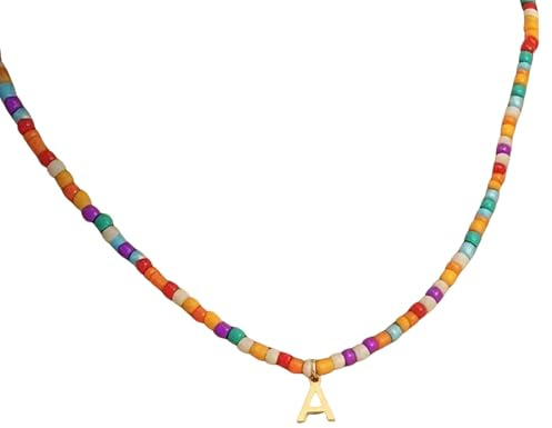 KOSLEOW Collar de Perlas de Colores con Inicial - Collar Personalizado para Mujer y Niña, Regalo Cumpleaños para Niña, Colgante Letra Dorada, Bisutería Mujer, Acero Inoxidable, Regalo Ideal (A)