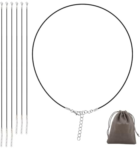 Waxed Necklace Cord 6 Pcs, Adjustable Necklace String with Lobster Clasp 1.5mm 45cm+60cm Leather Pendant Chain with Storage Bag NecklaceCords for DIY Bracelet Jewellery Making (Black)