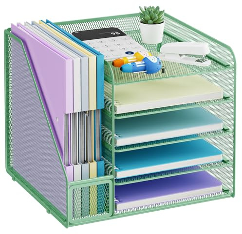 Marbrasse Organizer Scrivania Accessori,5-Livelli Organizer Ufficio,Porta Documenti Organizzatore in Rete per Scrivania, Ufficio Portaoggetti Scrivania Casa(Verde)