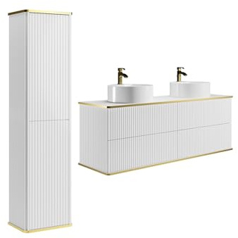 Vente-unique-Mobile bagno sospeso con scanalature con doppio lavabo d'appoggio tondo e colonna - Bianco - 150 cm - KELIZA
