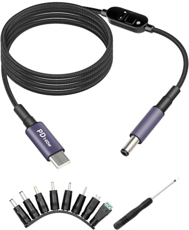 Adaptador Ajustable RIIEYOCA 140W USB-C a DC, Cable Disparador PD de Barril, Cable conmutador USB-C a DC 5V-28V Compatible con Carga rápida PD3.1 y Pantalla Inteligente de Voltaje (1,5M)