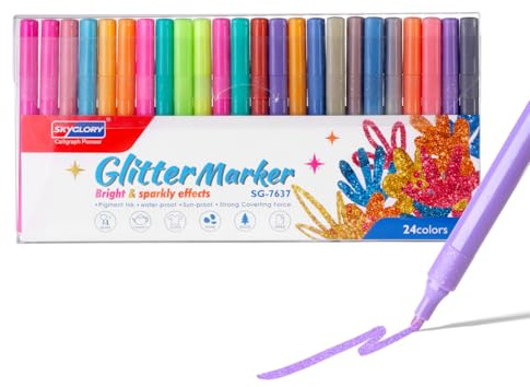 SKYGLORY 24 Colour Chisel Tip Vibrant Sparkly Markers Set, Water-Based Art Glitter Markers for Beginners, Crafts & Creative Designs
