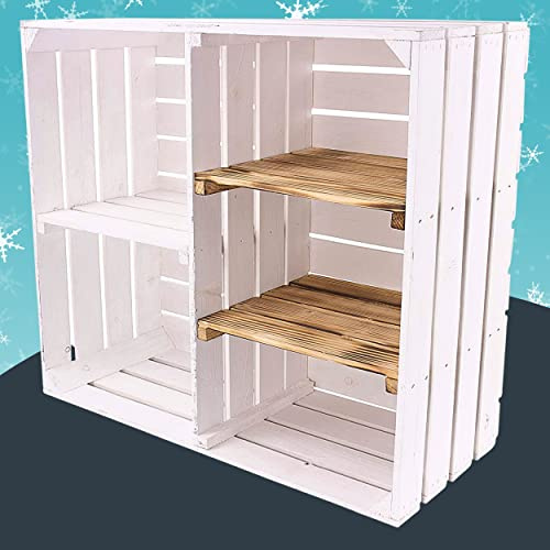 Moooble Shabby Chic Holzschrank weiß mit 3 Mittelbretter (geflammt) und Trennbrett 77cm x 68cm x 35cm Deko Holzkisten aus dem Alten Land Weinkisten Obstkisten/Apfelkisten Schuhregal Schrank Holzbox