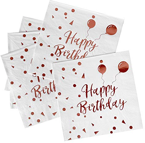 iZoeL 50Stk Geburtstag Servietten Gold Happy Birthday Servietten 33x33cm 3-lagig Pink Papierservietten für Mann Frau Mädchen Party Deko (Rose Gold Happy Birthday) (Weiß+Rosegold HB)