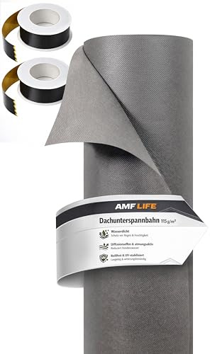AMF Life Dachunterspannbahn Grau 1,5 x 50 m inkl. 2x Klebeband Schwarz | Unterspannbahn 115 g/m², Dachfolie, wasserundurchlässig, diffusionsoffen, UV-stabilisiert, wetterfest