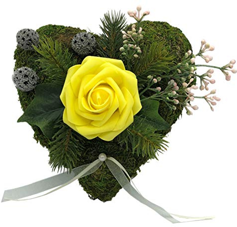 Radami Grabgesteck Grabschmuck Grabaufleger Moosherz Grabherz Trauerherz Grab Herz Gesteck und Rose (Rose Gelb)