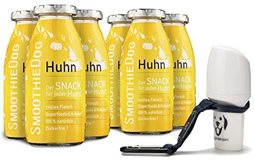 Hunde Smoothie SmoothieDog 6er Huhn + Doggyroller m. Halter, Karabiner Blau - Flüssiges Hundeleckerli - Zucker- & glutenfrei - Zubehör Hund - je 250ml