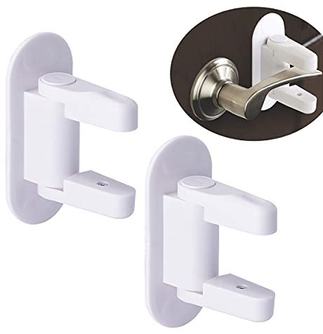 Manija de Seguridad para Niños Bloqueo,2pcs Bloqueo de Seguridad para Puertas,Cerraduras para Puerta a Prueba de Bebés,Pestillo Sin Agujeros,Para Niños Bloqueo, para Puerta,Armarios,Ventanas(Blanco)