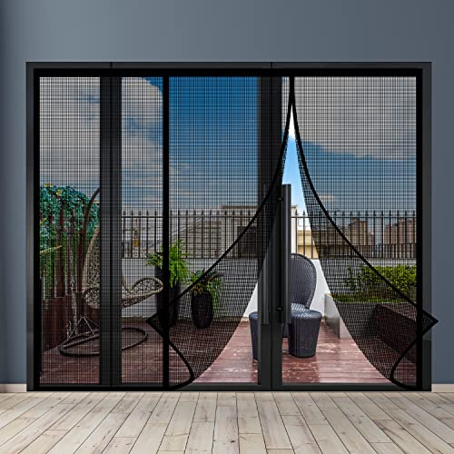 Magnetic Door Screen Fit Door Size 72 x 80 Inch, Sunmoxia Durable Reinforced Fiberglass Mesh Curtain, Heavy Duty Screen Door with Full Frame Hook & Loop for Sliding Doors,Patio