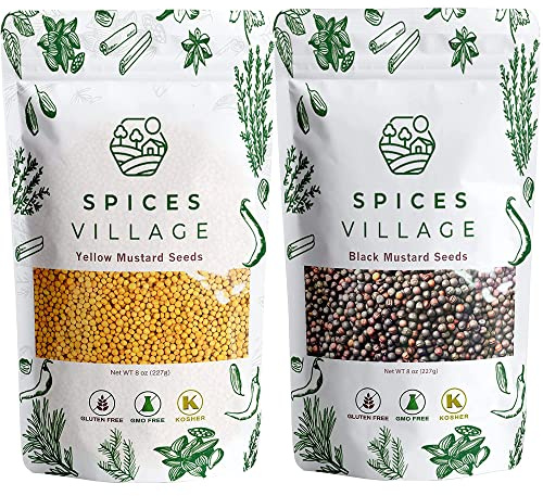 SPICES VILLAGE Yellow Mustard Seeds & Black Mustard Seeds [8oz each] - Kosher, Gluten Free, Non GMO, Resealable Bulk Bag