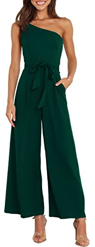 ANRABESS Women Summer Dressy Jumpsuits One Shoulder Sleeveless Casual Wide Leg Pants Romper Jumper 2025 Trendy Fall Outfits Deep Green Medium