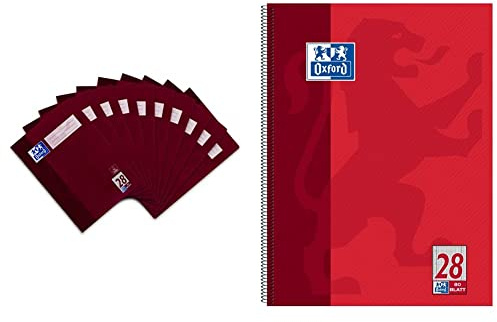 Oxford Schulheft A4, kariert, mit Doppelrand, 32 Blatt, bordeaux, 10 Stück & Collegeblock A4 kariert, mit Doppelrand, 80 Blatt, rot, 1 Stück