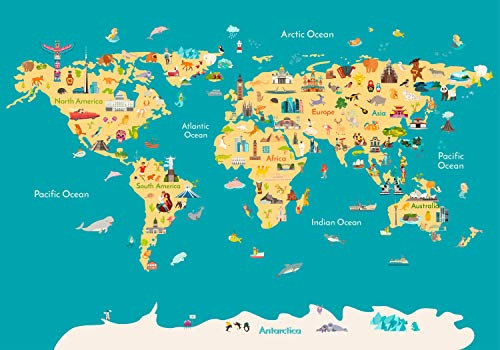 wandmotiv24 Fototapete bunte Weltkarte Figuren Kinder, 400 x 280 cm - selbstklebende Strukturtapete, Wanddeko, Wandbild, Wandtapete, Atlas Globus Karte Hai Wal Fuchs M6658