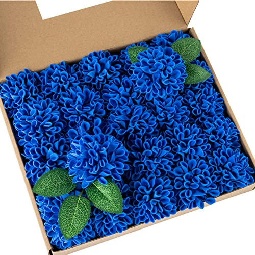 DuHouse Flores Artificiales de Dalia de Boda, 25 Rosas de Espuma Falsa con Tallo para Ramos de Boda, centros de Mesa, arreglos de decoración (Azul Real)