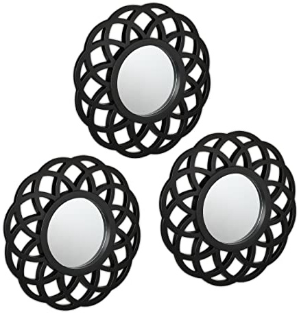 Relaxdays Spiegel 3er Set, runde Zierspiegel, Wohnzimmer, Flur, Dekospiegel Wand, Ø je 26 cm, Kunststoff-Rahmen, schwarz