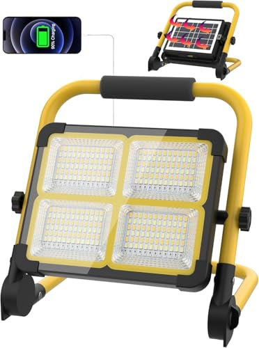 MASMEJOR LED Baustrahler Akku 100W, LED Strahler Akku Tragbare 10000 Lumen, 12000mAh, Akku Arbeitsleuchte mit Ständer/Solarpanel/ 4 Lichtmodi, Ideal für Camping, Arbeit, Angeln