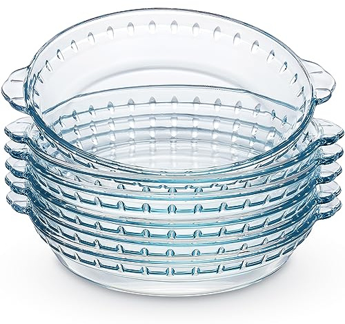 Bokon 6 Pack 9 Inches Glass Pie Pans, Deep Pie Pans Set, Baking Dishes with Handles for Serving and Baking, Wave Edge for Apple Snacks Salads Desserts, Clear