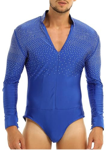 TTAO Herren Latein Hemd V-Ausschnitt Glitzer Body Einteiler mit Knöpfen im Schritt Trikot Tanz Kostüm Salsa Samba Chacha Moderne Tanz Shirts Königsblau L