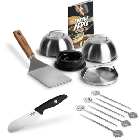 BURNHARD Set Burger en acier inoxydable : presse à burger, spatule de grill, cloches à burger, livret de recettes, couteau à pain, brochettes – Kit maître du BBQ