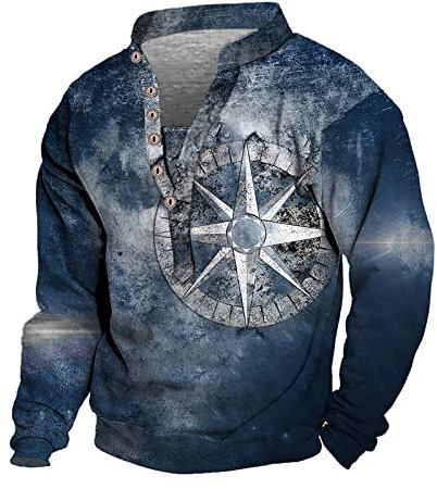 Pullover Für Herren Rundhals Pulli Sweatshirts Für Herren Vintage Druck Top Herren T Shirt Entspannte Passform Herren Hoodie Baggy Sweaters Freizeit Unterhemden Thermo Oberteil Sweatjacke(1-Navy,S)
