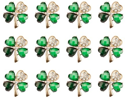 Rumyve 12 broches de trébol verde de cuatro hojas, broche de cristal con botón de diamante de rinrino