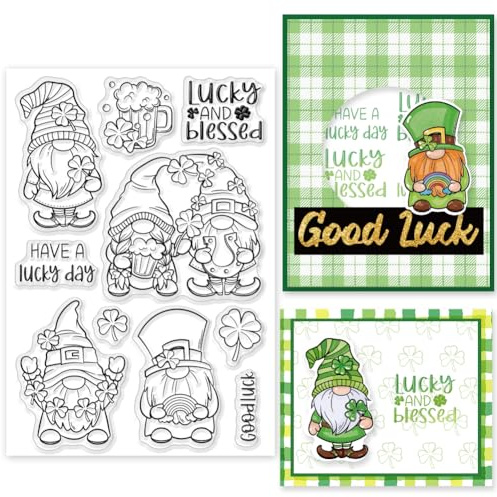 INFUNLY St. Patrick Day Gnome-Stempel Für Die Kartenherstellung Bierbecher Kleeblatt Silikon Klare Stempel Wort-Gummistempel Regenbogen-Blume Transparente Stempel Für DIY Scrapbooking Fotoalbum Dekor