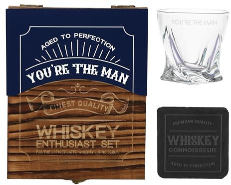 You're the Man Wooden Gift Box with Rocks Glass and Slate Coaster