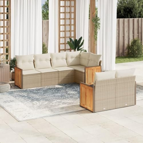 Rantry 7-TLG. Gartenmöbel Set mit Kissen Gartensofa Gartenlounge Balkonmöbel Loungesofa Rattansofa Modular Ecklounge Ecksofa Sitzgruppe Sofagarnitur Loungemöbel Beige Poly Rattan