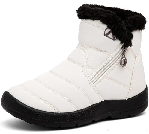 GOGOUP Enfant Bottes de Neige Garçons Filles Bottes Doublure Chaud Peluche Bottes Confortable Imperméable Bottines d'hiver Extérieur Antidérapante Beige 31 EU
