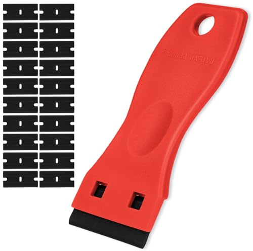 Flintronic Plastskrapa med 20 st plastblad, röda, fönsterskrapverktyg för glas, väggar, hushållsapparater, metall, spishällar, vinyl, skräp, dekaler, skyltar, lim, klistermärken, etiketter, färg
