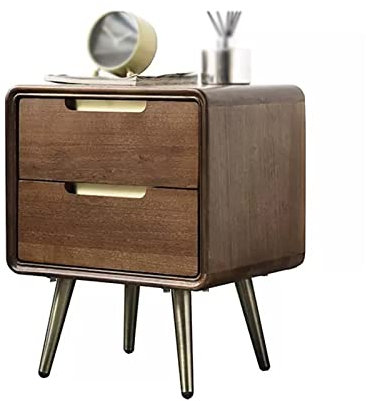 Table de chevet en bois massif, table de chevet de luxe moderne, table d'appoint couleur noyer, meuble de rangement à 2 tiroirs avec 4 pieds en métal pour chambres et salons. Cadre de tête de lit