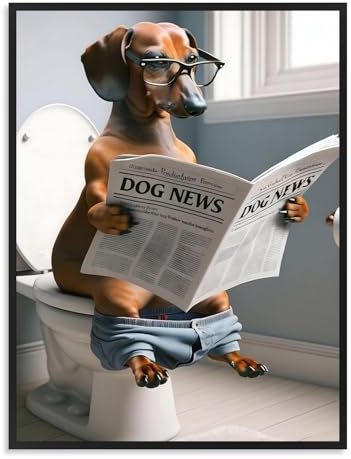 Dazzlewall Lustige Badezimmer Leinwand Bild Hund auf Toilette Wandkunst, Funny Doberman Wall Art with Toilet Dog News, Painting Decor for Bathroom Home Bedroom, 12×16 inches