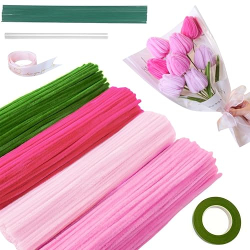 Forhandy Pfeifenreiniger Blumen Set, 200 Stück Blumendraht 12 Farbverlauf Tulip Bouquet mit Blumendraht Schleifenband Blumen Staubblatt für Blumenstrauß DIY Dekorationen