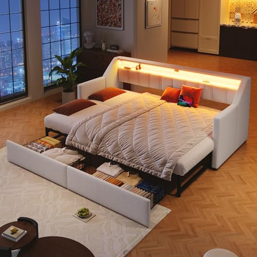 Daybett, Tagesbett, Schlafsofa, 90x200cm/180x200cm, Mit USB und Type-C, LED-Leiste mit Fernbedienung, Mit 2 Schubladen, Stauraumtaschen, Multifunktionales Ausziehbett , Ohne Matratze, Beige