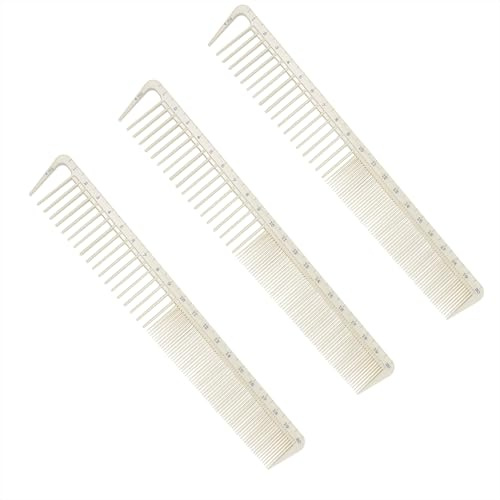 frymmx 3-Piece Hair Cutting Combs with Ruler, Small Tapered Portable Anti-Static Cutting Combs for Professional Barber Salon Styling (Beige)