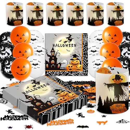 Halloween Deko Set, 20 Stück Servietten Halloween + 12 Windlicht + 15g Konfetti Streudeko Tischdeko + Luftballon für Halloweenparty Party Geburtstagsdeko Kinder