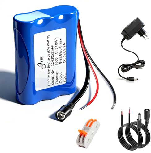UBETTER DC 12V 3000mAh Lithium-Ionen Akku wiederaufladbarer，Akkupack 12V Lithium für MP3-Playern, Solar Panel, Routern, Lautsprechern, Walkie-Talkies, Tragbaren DVDs, Kameras, Drohnen.