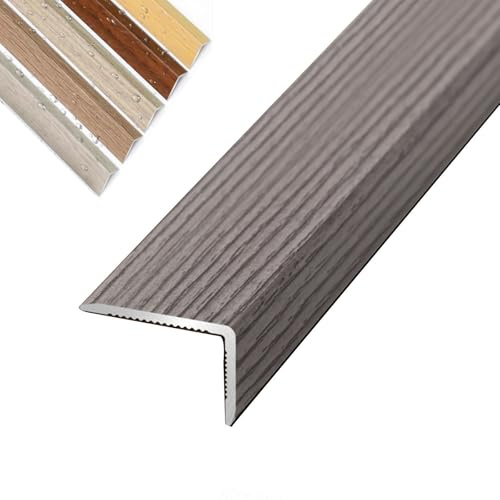 Floor Transition Strip Aluminum Stair Edge Nosing with Wood Grain，90cm L Shaped Doorway Trim, Grain Corner Wall Protector for Cabinet/Baseboard/Threshold(Export Gray,W2.5CM)