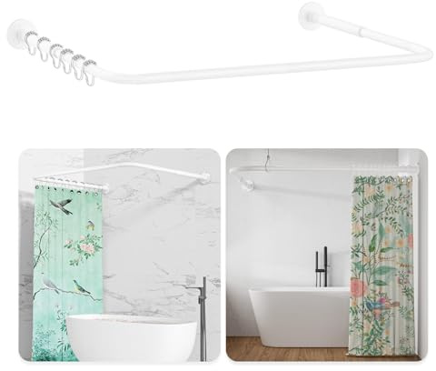 Duschvorhangstange U Form/L Form, [60-92] × [78-192] × [60-92] cm Verstellbare Duschstange Ecke mit 12 Vorhangringen & Deckenstütze für Badewanne/Badezimmer, Bohr-Montage Erforderlich, Weiß