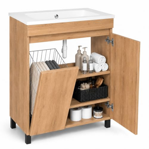 Lavabo con mobiletto sottostante da 60 cm Ribera mobiletto sotto-lavabo, sospeso o a terra, per bagno, chiusura ammortizzata, cesto della biancheria, set di mobili da bagno con lavabo, ripiani