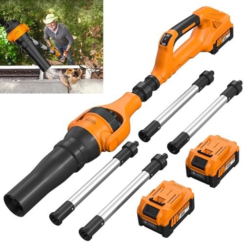 Alloyman Soffiatore a Batteria 40V MAX, Motore Brushless, con Prolunga Telescopica, 2 Batterie da 40V e Caricabatterie, fino a 290 km/h, Portata Aria 985 m³/h, 3 Velocità, Leggero e Compatto