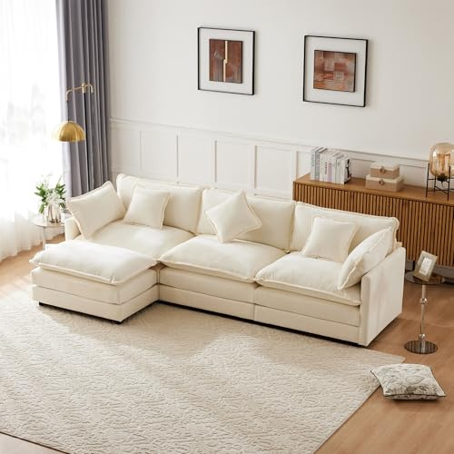 TOBIDOEN Dreisitzer Ecksofa Chenille-Stoff, Modernes Polstermöbel mit Fußhocker, Doppelschicht Schwamm+Taschenfedern, Komfortabel für Wohn Schlafzimmer, Beige