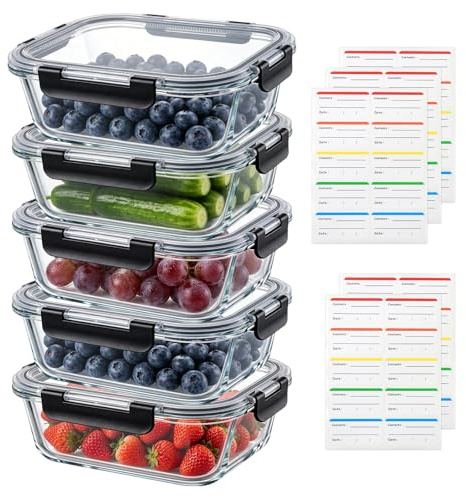 Yeria Borosilicate Glass Food Storage Containers with Lids,5-Pack 1040ml Meal Prep Containers,Oven & Freezer Safe,Airtight Leakproof,BPA-Free Glass Boxes for Kitchen,Pantry,Includes 5 Label Stickers