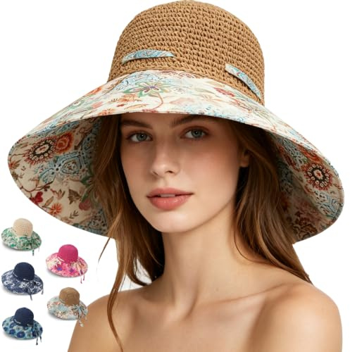 CWENDANER Sombrero de playa para mujer, sombrero de sol de ganchillo, sombrero de paja de verano plegable con ala ancha, sombrero de paja artístico, sombrero de sol de ganchillo